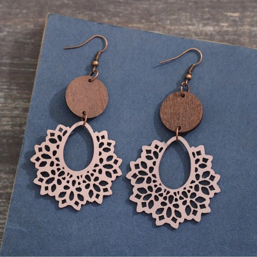 Hollow Pink/Nude Leather‎ Wood Spider Web Design Dangle 2/$15 3/$20 4/$25